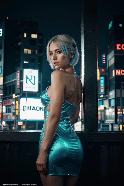 cyberpunk realm where stable diffusion weaves reality and fantasy: behold a mesmerizing girl with radiant blue hair, floating serenely in a rooftop pool amidst the neon-lit skyscrapers. Ultra-photo realism brings this futuristic vision to life.