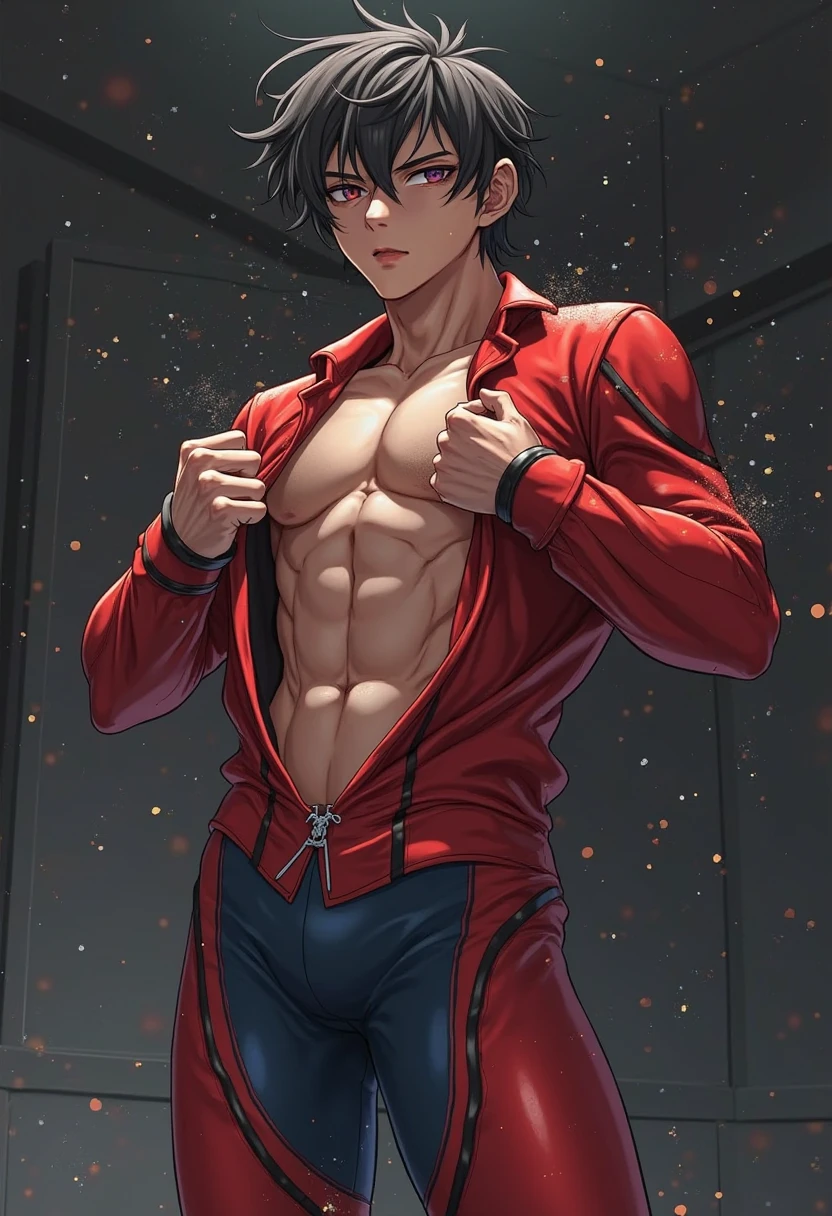 ((8K resolution))、((highest quality))、((masterpiece))、((Super detailed))((((dramatic))), (anatomically correct)、Depth of object being written、look at the camera、(theme、whole body:1.1)、one person、one personの女性、male、front、(clothing:red jacket、red pants)the joker style,Thin but muscular body, toned arms, long and thin legs, Athletic Presence,soaked、jagged teeth、He held a cigarette in his mouth.、half closed eyes / Bad mood 、pale skin、thin chest、My chest fluttered.、(hairstyle:Medium Wave,green)、Sit on the vermilion sofa、(Background Wallpaper:Dark green base、yellow plaid)