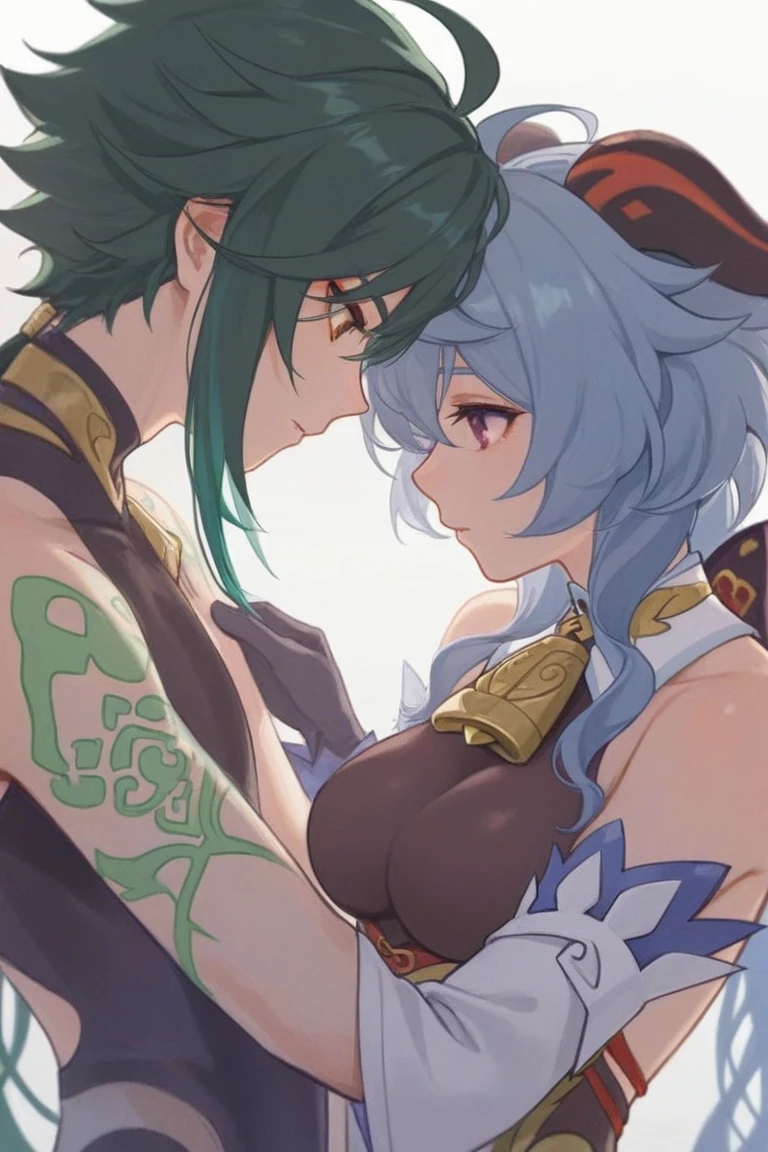 Score_9, score_8_up, score_7_up, 1boy, kissing, 1girl, dusk \(arknights), arknights,(Masterpiece, Best Quality), The newest one, turquoise bikinis, The original lasts, , by nyantcha, black fur, horns, por omone shopping agm, white dragon tail, evening,desert, orange eyes, turquoise scales on arms, duo, dark skinned male, netorare