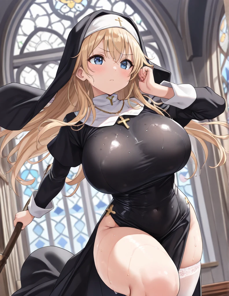 A woman，sexy，full breasts，blonde，red eyes，nun headdress，black high heels，white silk，huge breasts，squat on the ground，Put your hands behind your head