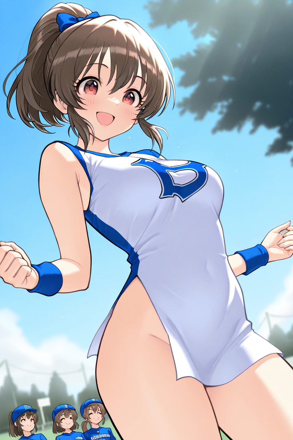 A Female robot is sleeping in forest, spread legs, nude, banzai pose. she wears no dress. She Brown short hair is tied with two big red clothespins, She lifts up the under hem of her white plain dress, leaning over, masterpiece, very short pigtails,brown hair, mature, android, blue eyes, full body figure, Height: 160cm, flushed cheeks, 2020s anime picture, A beautiful robot with short brown hair in two short pigtails held up by two very large huge red clothespins, Uplifting, No NSFW, whole body, barefoot, archaic smile, getting orgasm, 25 years old, sweat bucket.