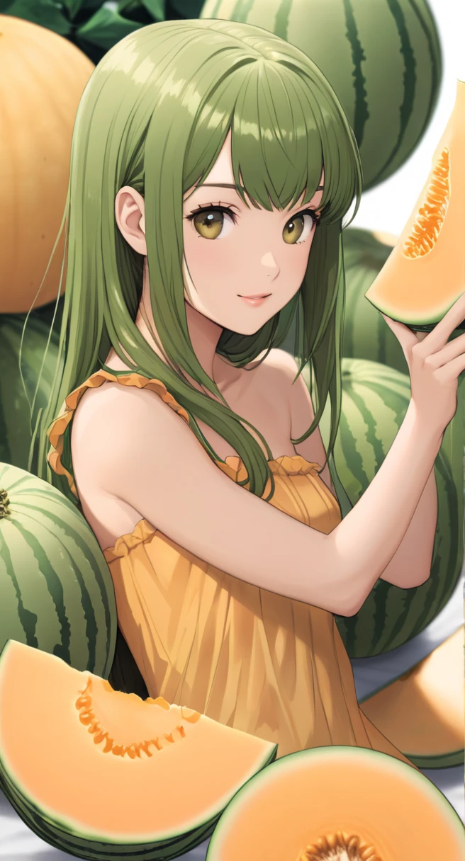best quality, masterpiece, highres, detailed, perfect anatomy, <lora:Detail - add_detail:0.2>,  <lyco:Action - EatingWM:0.8>, EatingWM, watermelon, holding watermelon,  <lora:Character - TokohaV:0.8>, green hair, orange eyes, long hair, sitting on bench, pink dress, park, teenager, medium breasts, buttons, high-waist skirt, TokohaV