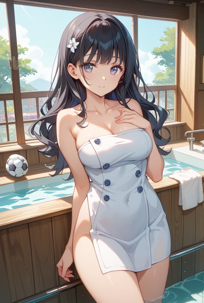 (Anime artwork, Anime Style, Studio Anime, ((Aoi Kanzaki)) masterpiece:1.2, Highest quality, Best aesthetics), (Beautiful and detailed eyes:1.2), Straight Long Hair, Big Breasts、Cleavage, Hair Ribbon, (((White bath towel,hot spring,Sitting,blush)),), Asymmetrical bangs, Perfect Proportions, Skin with attention to detail, cute, Detailed face, (Cowboy Shot, Dynamic Angle:1.2), (Accurate fingertips, Browse 4, Thumb 1),