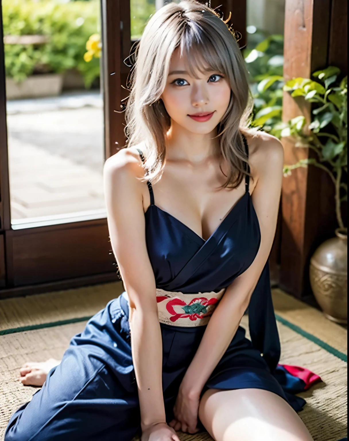flying debris、highest quality、An illustration、highest quality、got it、High resolution、8k wallpaper、Perfect dynamic composition、(((Ezvian Everywhere)))、((From below))、Beautiful and cute 20 year old girl、Beautiful face in every detail、Delicate and cute eyes、Fine skin、Red cheeks.、shy、(Semi-short hair:1.3)、(wavy blonde hair)、Small breasts、Bold sexy pose、smile、Small breasts、Between the legs、Small Ass、Thin butt、Generated on the eaves.、Narrow shoulders、wavy blonde hair、blonde、Heart-shaped earrings、smile、、Gold Bracelets、At the festival、With a fan、So you can see all the way to your feet、Summer festival、in yukata、Wear a yukata with a large floral pattern、Tie your hair back、Fireworks display、