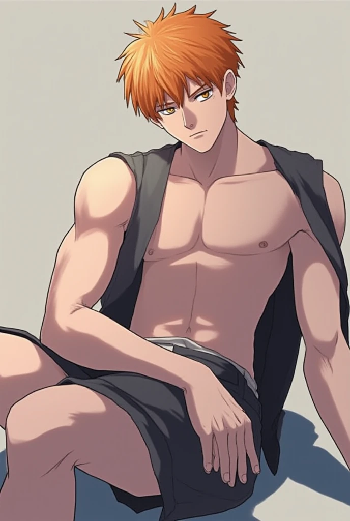 masterpiece, best quality, high quality, 1boy, solo, male focus, shirt off, asta, green eyes, red hair, lay on bed, full view, top view, half body.