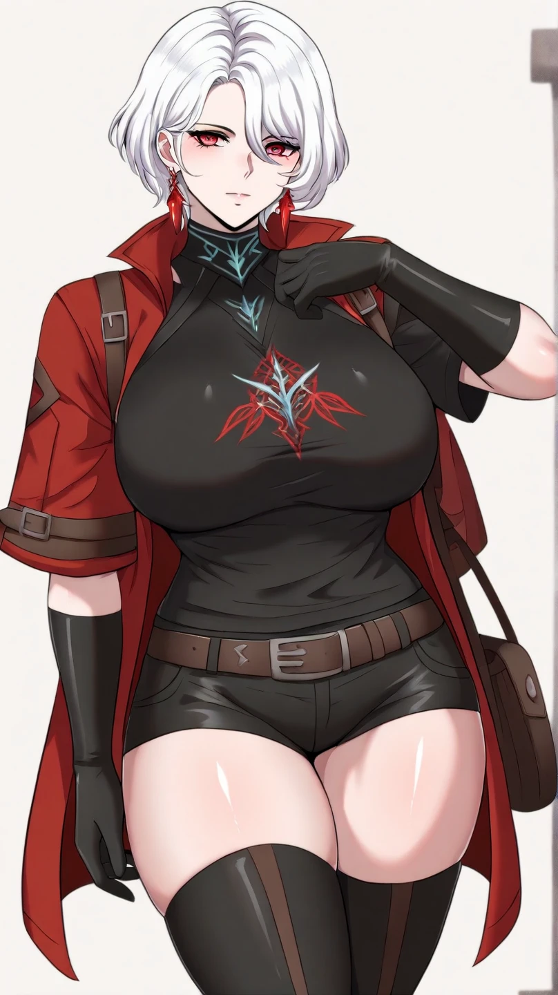 ((a woman with red hair, red eyes, short hair)),((big breasts)),((with a blue cape)),((red gloves)),((hand on her hip)),only with red underwear ,in a city