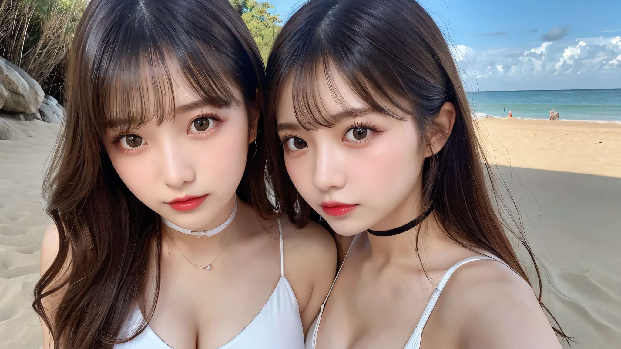 (((2 Girls Two Shot (2 Girls Two Shots)))), Realistic:1.2,masterpiece,highest quality,98k,((Two Women)),20-year-old,Japanese women、Tight waist,Perfect Anatomy, Brown Hair, Wavy Hair,Random Hairstyles,Big beautiful breasts,((Fully detailed face and eyes:1.2))((Cute Face:1.2)),Random Pause,smile, Full Body Shot,Natural Face,Big Breasts,Off-the-shoulder top reveals cleavage,Wearing a headband at Disneyland