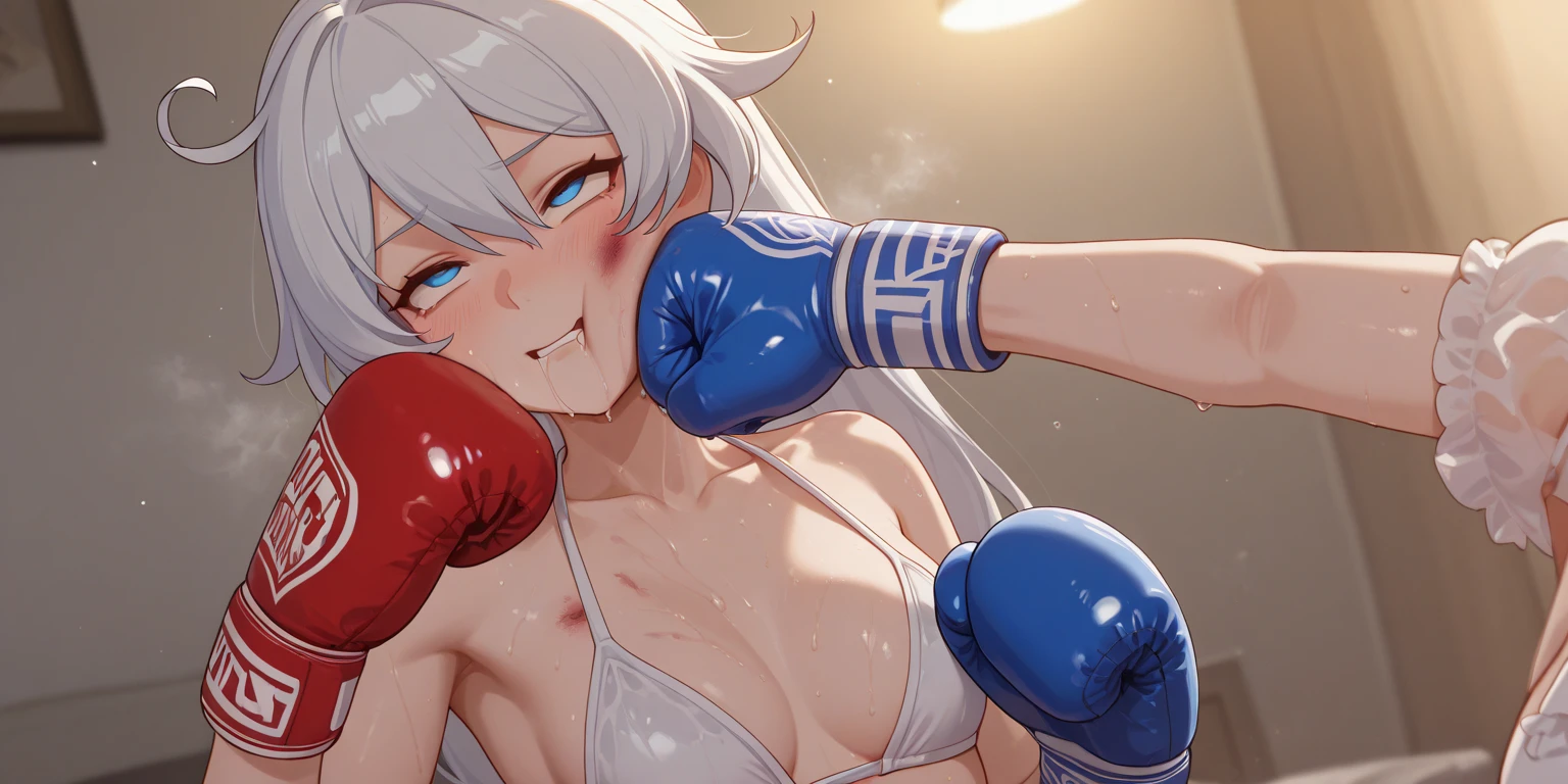 (((masterpiece))),(((best quality))),(ultra-detailed,high resolution:1.2),(illustration),((an extremely delicate and beautiful)),(detailed background), POV, ((((handjob)))), ((((ejaculation, projectile cum)))), veiny penis, ((((wrestling ring)))), ((1petit girl)and(1 boy)), multiple boys, hetero, ((((1petit girl,short stature)))),((((miyako/(blue archive/)))),official style, (slender body:1.4), (long hair,ponytail),white hair,bangs, purple eyes, (flat chest), covered navel, collarbone, pale skin,shiny skin, ((She wears micro bikini, thigh high socks), (seductive grin smug), (cum on clothes,cum on body,excessive cum:1.4),cum facial,bukkake,cum on hair,cum on pussy, clothing aside, clothed, (1muscular boy,tall stature:1.4), large penis, trembling, text,