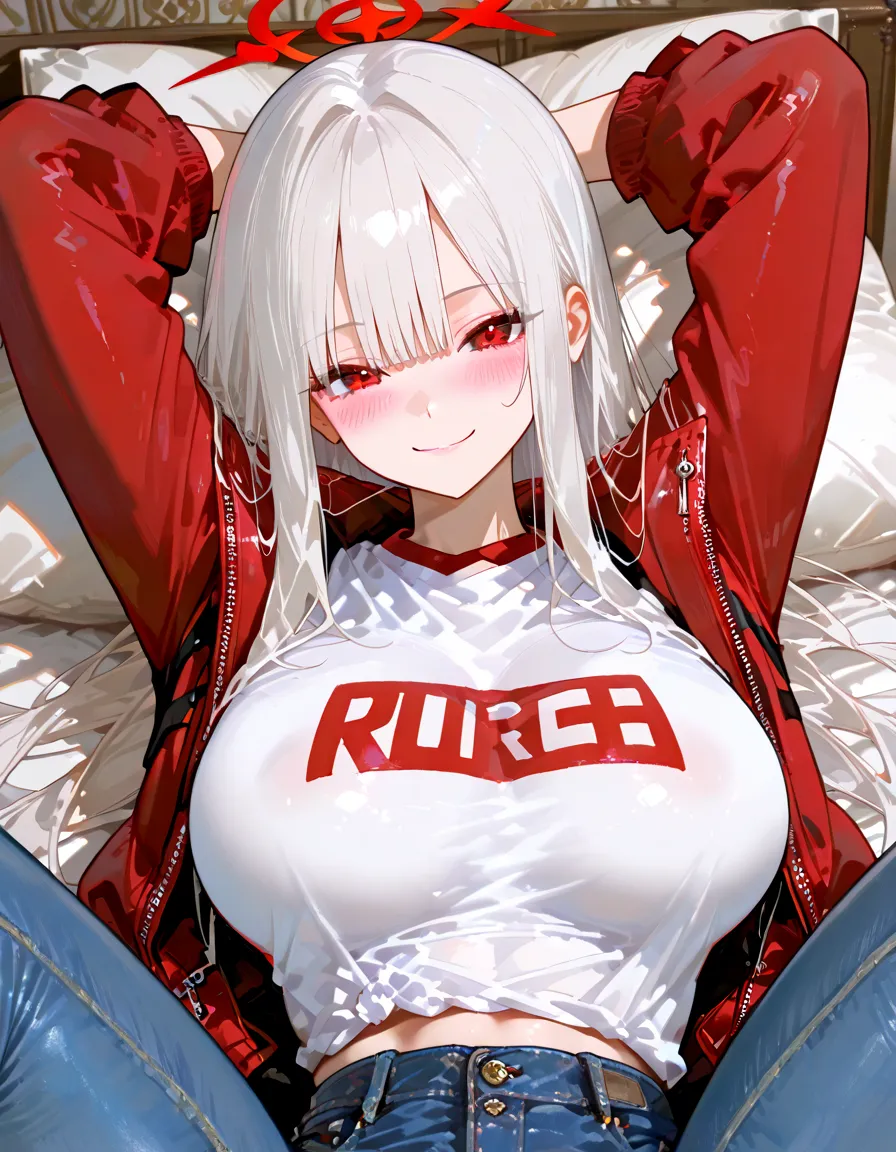 white hair girl (nano) wearing a t-shirt with the colors yellow blue and red with the shield of Ecuador in the center she is blushing and happy wearing the t-shirt she is very sexy