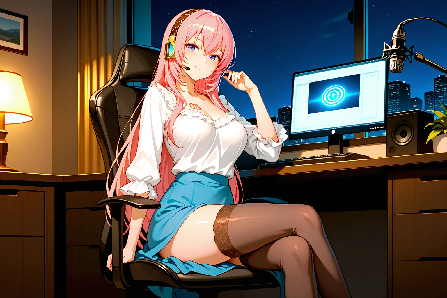 1girl, solo, (masterpiece, best quality:1.4),((best quality)), ((highly detailed)), masterpiece, absurdres, (detailed eyes, deep eyes), bunny girl, pink hair, long hair, bangs, blue eyes, white pupils, smiling, big breasts, cleavage, rabbit ears, fake animal ears, headset, headphone's, ear piece, rabbit tail, blue leotard, detached collar, pink bow, bare shoulders, black pantyhose, wrist cuffs, excited expression, smiling, teeth, front of the computer doing a Twitch livestream, the girl is a Twitch streamer, Twitch streamer/gamer, highly detailed background, (Background: Indoors, in a room with a desk, chair, microphone, mouse, keyboard, There are multiple computer monitors), sitting on a chair, depth of field, UHD, masterpiece, High quality art style, best quality,
