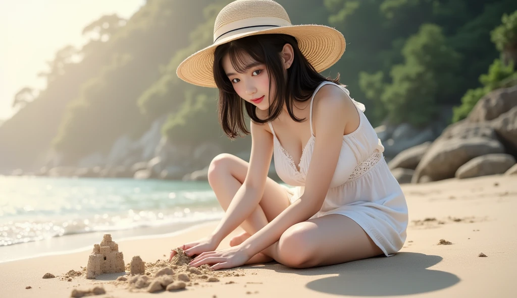 (8k, Top quality, Masterpiece:1.2), (Realistic, photo-realistic:1.37), Super detailed, perfect anatomy, cute, small eyes, 18 years old, a Japanese, girl, dress, sand dunes, straw hat,