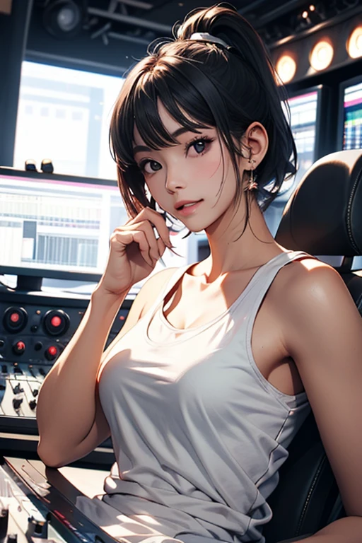 anime style,artistic, masterpiece,best quality,ssuper detailed,super fine illustration, highly detailed, dynamic angle, beautiful detailed, 8k,detailed background, On a summer afternoon, in a recording music studio, BREAK a female musician is singing . She is wearing a white T-shirt with a graffiti art-style cat illustration.Break very short hair,flat chest,black hair,red-eyes,(full-face brasched:1.3),perfect hands,perfect fingers,Tsurime ,thick eyebrows,holding microphone in right hand,headset,pov,perfect legs,cool,cat years,cat pose,(LoRA:0.7),