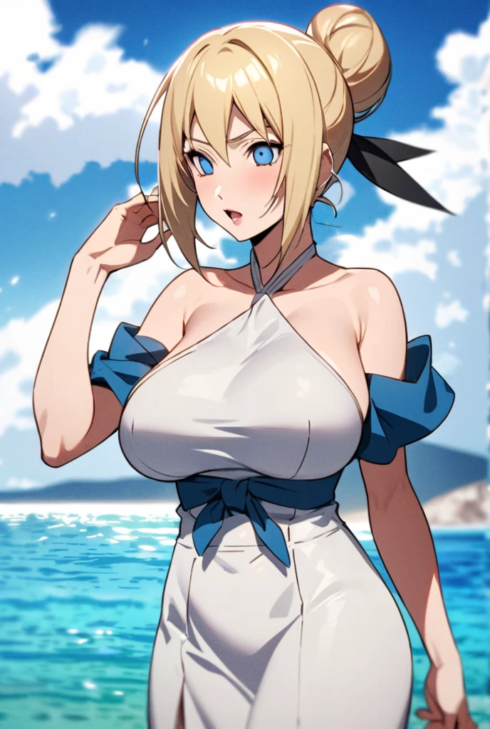 Anime girl with blue eyes and a corset posing for the camera holding her stomach in pain