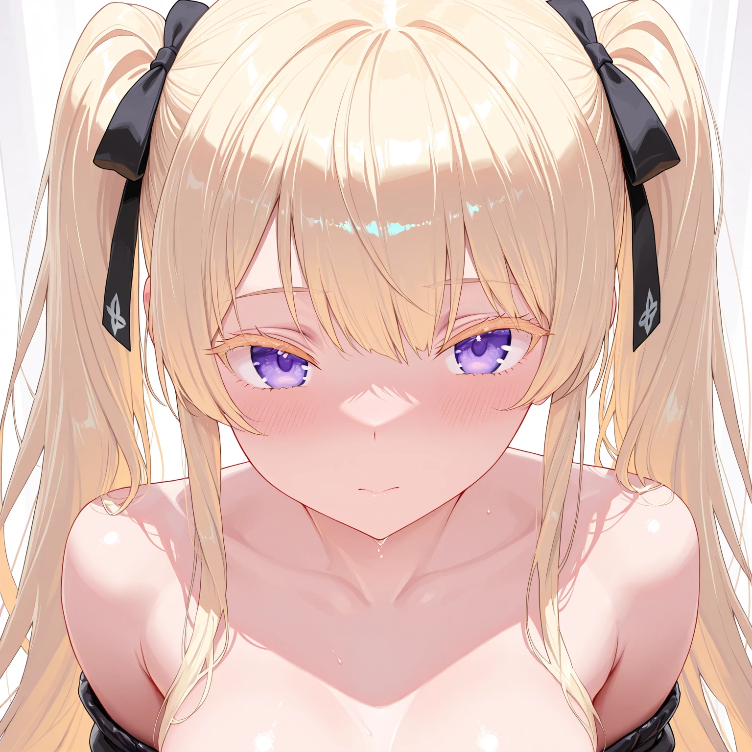 a very topless blonde haired girl in an anime-style outfit, 1girl, breasts, nipples, solo, blonde hair, looking at viewer, medium breasts, white background, upper body, simple background, closed mouth, brown eyes, bangs, blush, open clothes, detached collar