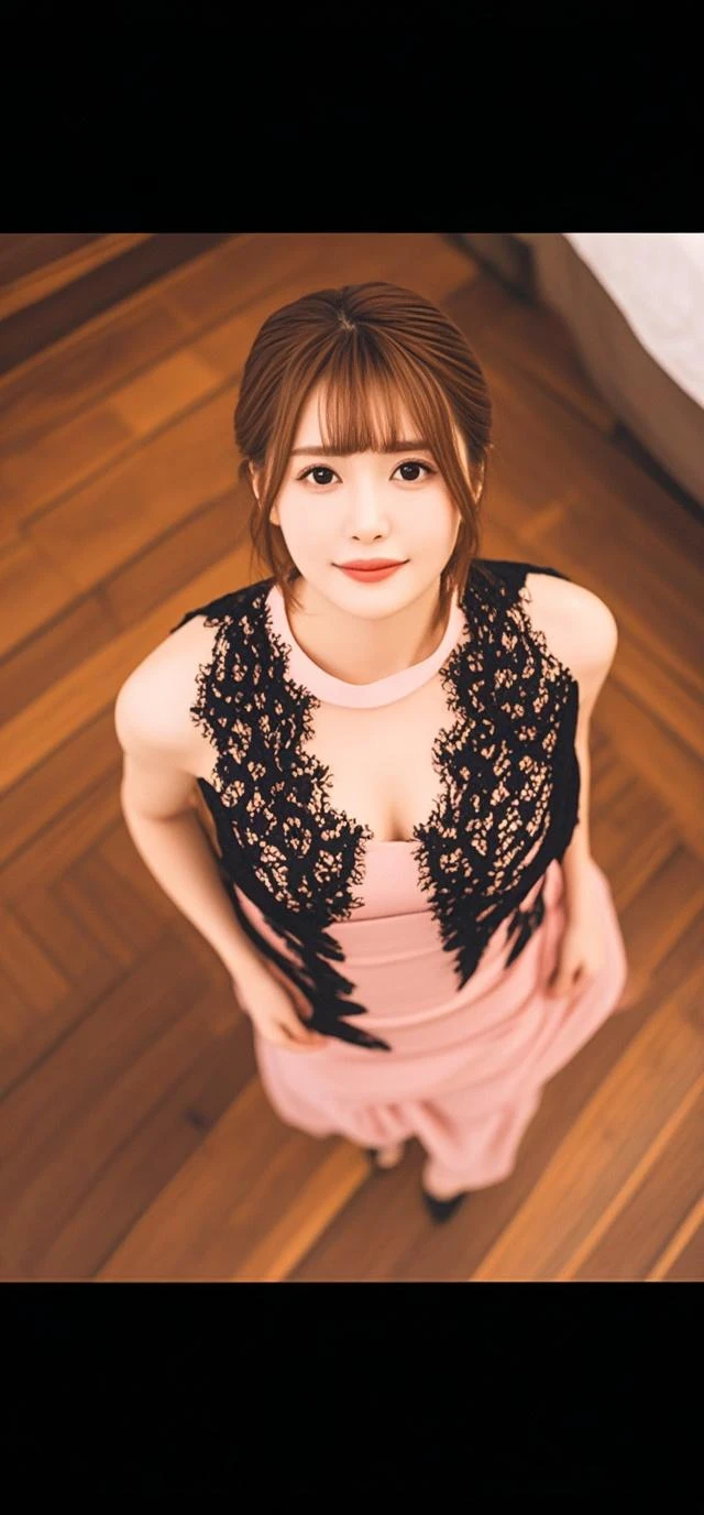 ((8K、High resolution、Highest quality、High resolution)))、alone、Natural body shape、White skin、Natural Makeup、((Black Hair、Straight Long Hair))、((Crimson mermaid dress))、(Pearl Necklace、Pearl Earrings)、Looking into the camera、bangs、Head to shin portrait、(Thighs)、Bedroom、smile