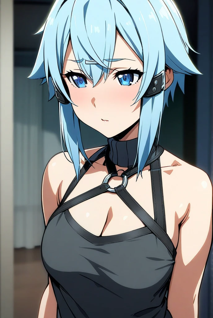 Unreal Engine 5 rendering works, (Digital Photography), sinon, aqua eyes, short hair, aqua hair, hair between eyes, hairclip, hair ornament, Sinon, green bra, black panties, plain black choker, big breasts, aqua colored eyes, short aqua colored hair, rosy red lips, lying on her back looking directly at the camera above the room sky, Her face has a naughty, seductive smile while squeezing one breast and her other hand is in panties to stimulate her lust, the mattress is messy, in the room at night, (the camera takes pictures of the whole body) official photoshoot, masterpiece, best quality Movie lights,Ray tracing, ((3D Unreal Engine)), OC rendering reflection pattern