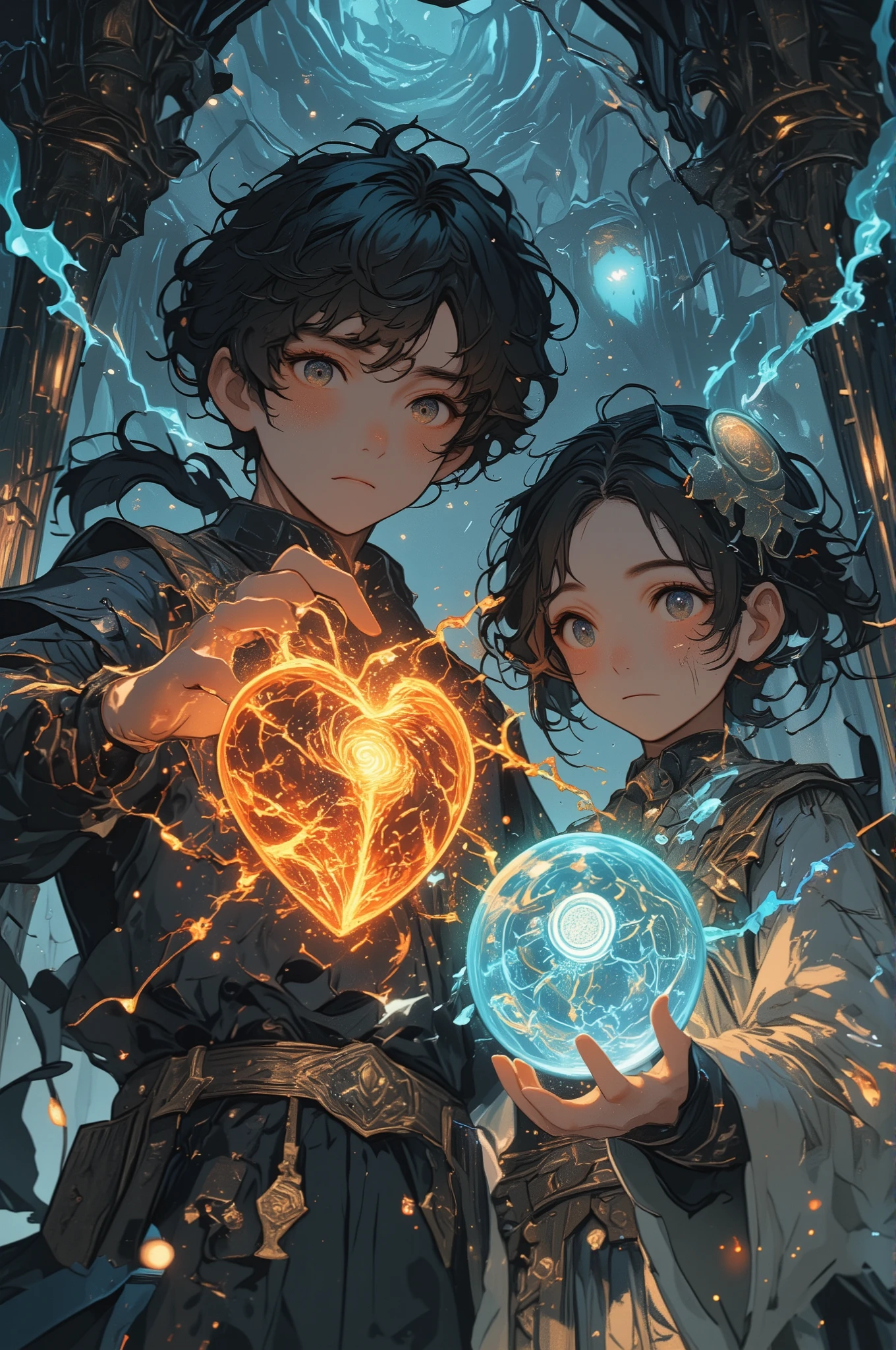 the boy holds a pulsing molten dragon heart with glowing ember veins,  
the girl holds a hovering crystal sphere wrapped in floating sigils and sparkles