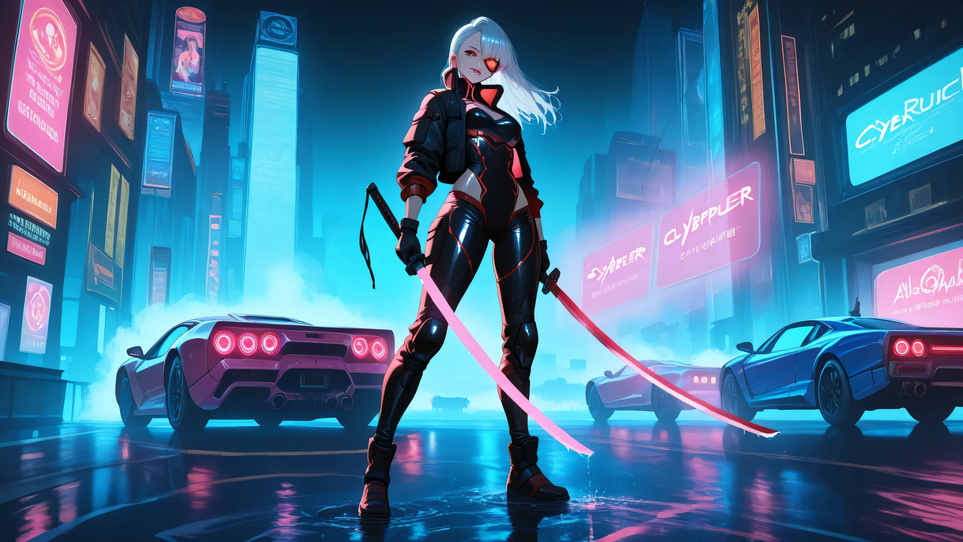 Anime-style cyberpunk city at night, neon-lit skyscrapers, wet streets reflecting vibrant lights, holographic billboards and futuristic flying vehicles, glowing fog in pink and blue hues. In the center stands a cybernetic woman with silver hair, one cybernetic eye, wielding a sleek katana, wearing a black and red combat suit. She looks powerful and cool, blending into the Blade Runner-inspired cityscape. Stylish and atmospheric
