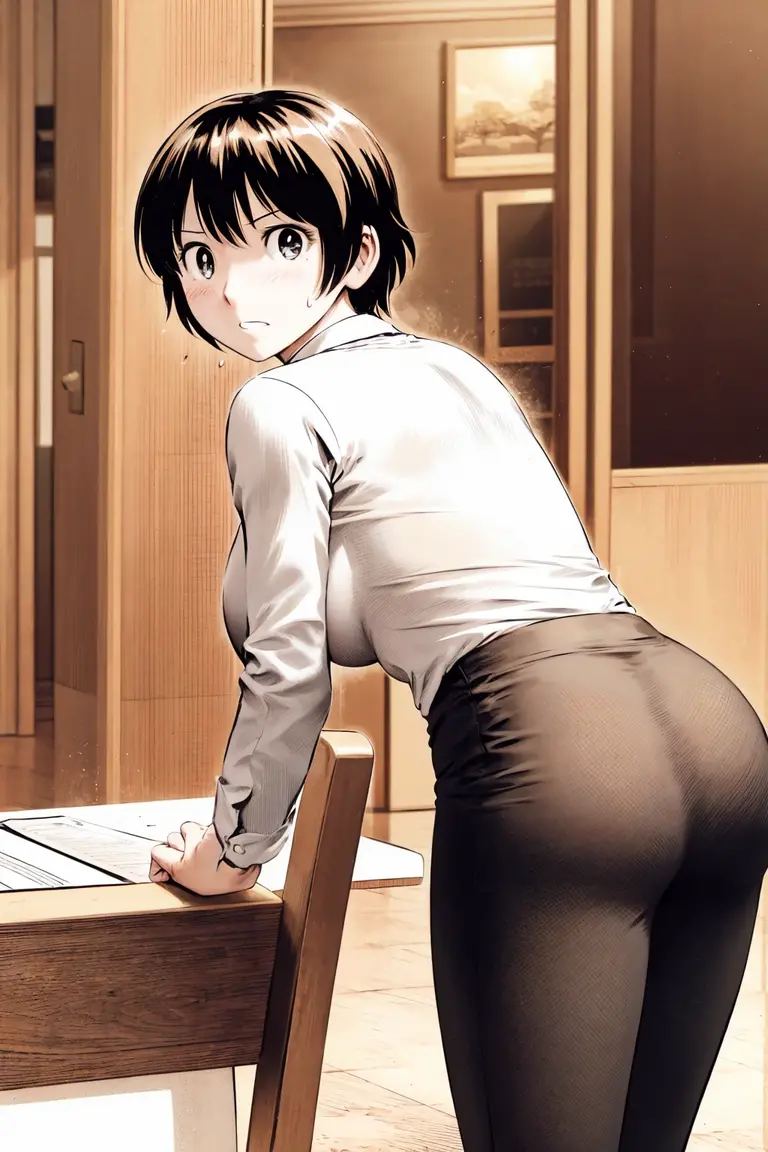 、(masterpiece、Highest quality)、Highest quality, Ultra-high resolution, (((masterpiece))), alone, Sweat、Big eyes,office、Tight white dress shirt、Tight black suit、Tight black pants、indoor、Composition from the front、（Cut the back hair short、short hair、blonde、woman）、Shortcuts、Embarrassed face、Cut your hair short、可愛いwomanの子、Big Breasts、Sit on a chair、Face to face、Composition from the front、View your viewers