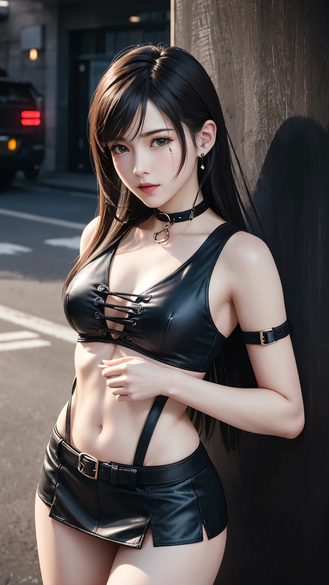 highest quality,masterpiece,High resolution,(beautiful face),looking at the viewer,Are standing,((Half body)),((White vest)),((black leather skirt)),gloved hands,right arm hanging down