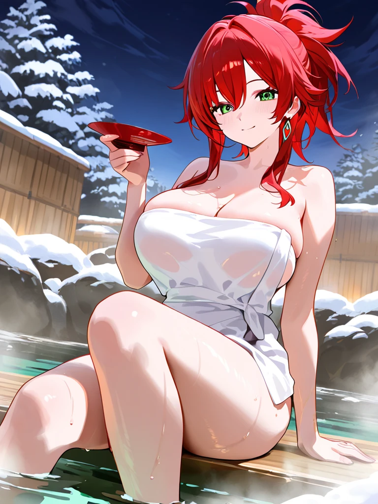 masterpiece, best quality, masterpiece, best quality, an attractive sexy mature woman in the snow, and posing stands in the Japanese spa, holding towel and covering her body, 1girl, cleavage, breasts, nude, solo, onsen, navel, looking at viewer, outdoors, wet hair, water, bucket, watermark, smile, , red hair, curly bob hair, bangs, red eyes, elder sister, medium breast, beautiful tits, nice ass, beautiful ass,