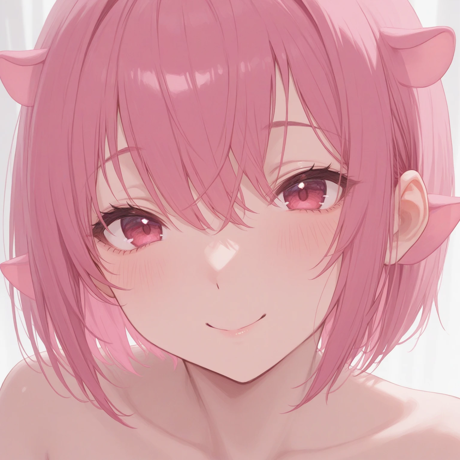 nsfw、Masseter muscle area, highest quality, 超A high resolution, highest quality, Anime Style, Best lighting, Beautiful Face, ((Tensura)), (Shuna:1.5) 、(Two white horns on the head:1.5), , Pink Hair, Hair length, Great smile, look into the audience、(All Nude:1.5)