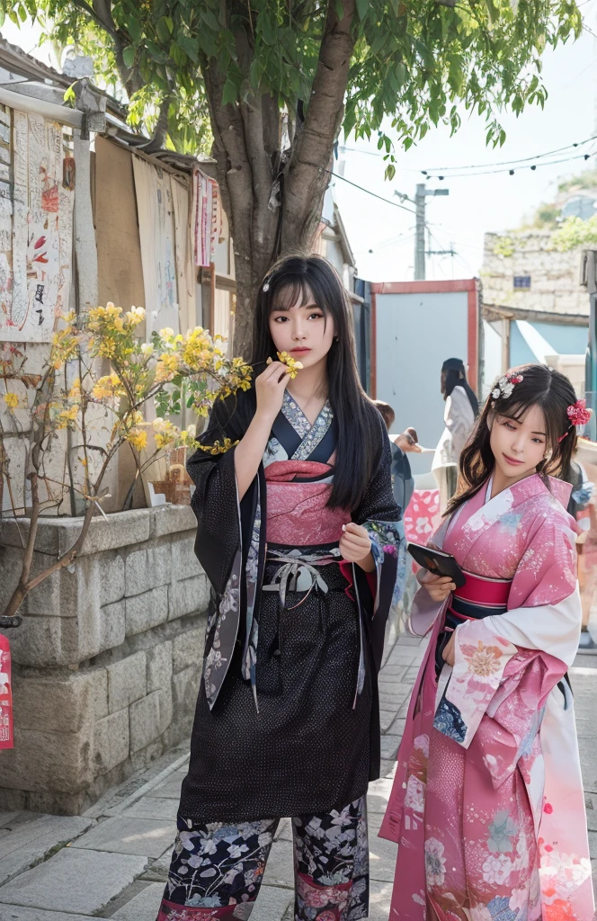 The blurred figure in the picture and the posture of taking photos with a mobile phone in hand. The picture on the mobile phone shows a smiling girl wearing a Beijing opera costume, with a boy standing next to him in a sweater. --auto --s2