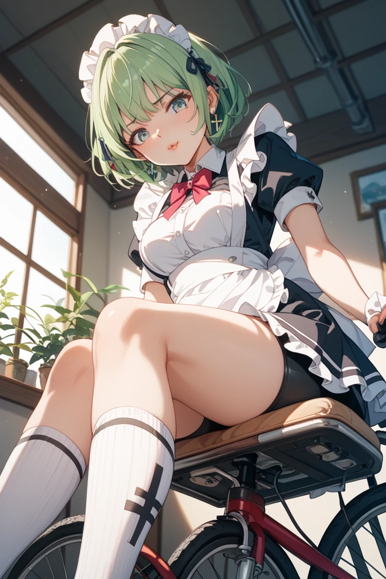 art by afrobull, score_9, score_8_up, score_7_up, score_6_up, source_anime, rating_questionable,
1girl, maid, emotionless, looking to the side, green hair, ponytail,
(pencil skirt:1.12),
panty peek, (white panties, thong:0.64), (cameltoe:0.9), kneehighs,
nsfw,
,
<lora:Afrobull-1024-Prodigy-UNET:1.0,