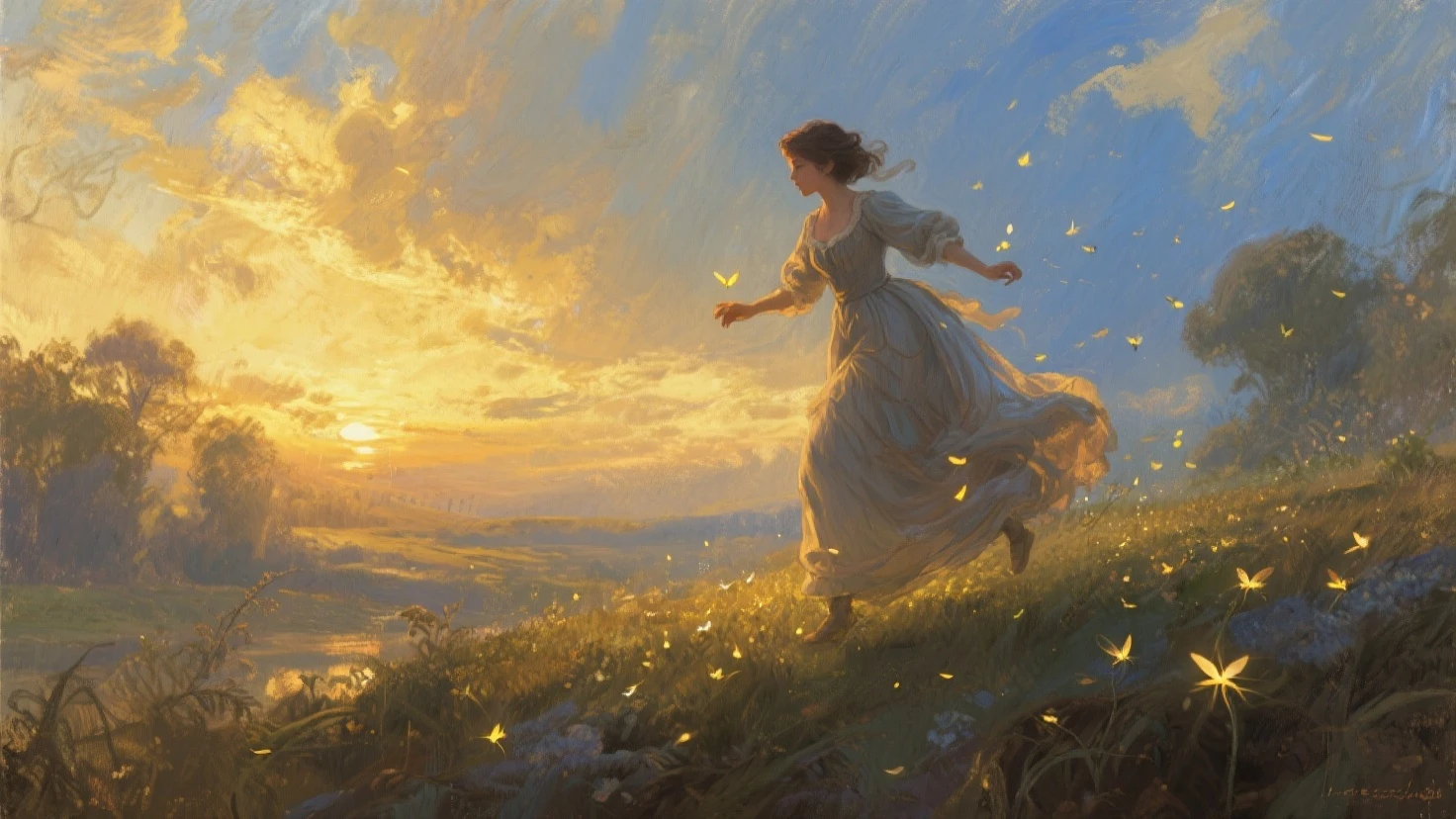 (Masterpiece:1.2), (best quality:1.2), (super high resolution:1.2), A girl, wearing a long skirt and short blond hair, dances among the bushes and flowers, with birds flying, blue sky and white clouds, backlight, morning sunshine, 19th century, impressionist style, style of Lovis Corinth<lora:BrushStrokesRegulator_V2.0:0.6>