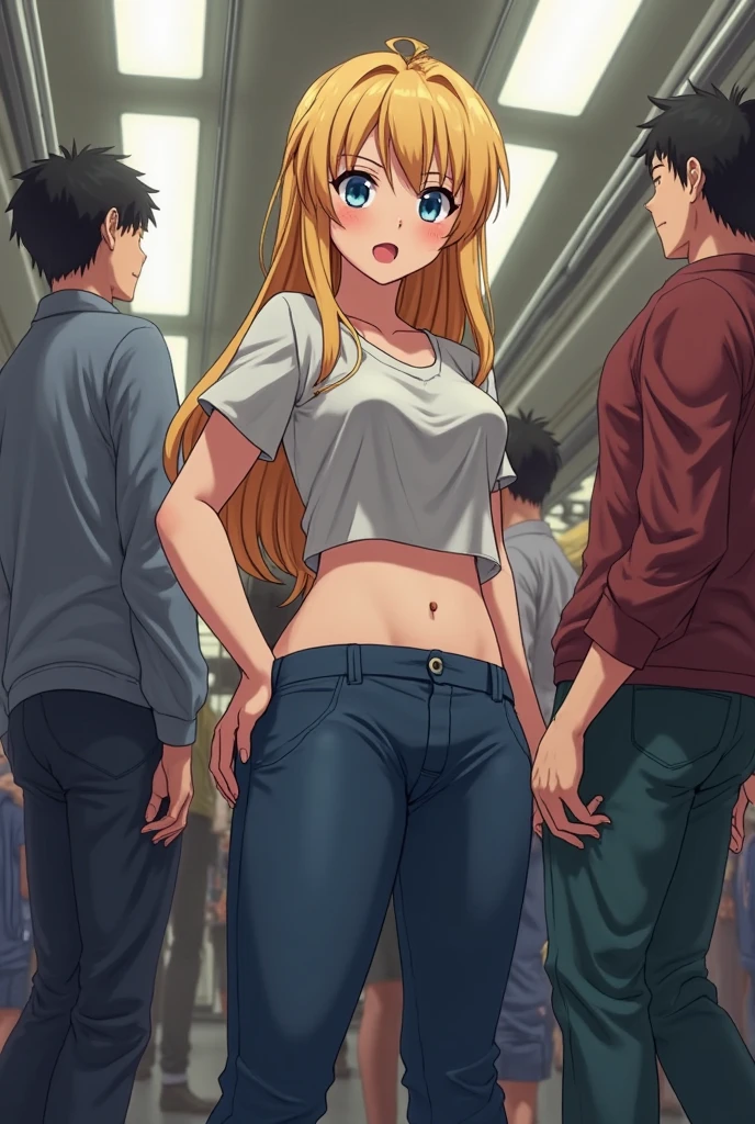 NSFW,1 girl,darkness、(Yellow Hair:1.5)、Long Hair、(Red Eye:1.5)、(hair ornaments:1.2)、Two Side Up、Micro Mini Skirt,(Perfect hands),(Perfect Anatomy),(masterpiece),(highest quality),Embarrassed,blush,Clenched teeth,Inside the train,(Being molested:1.5),1 middle-aged male,Man standing behind