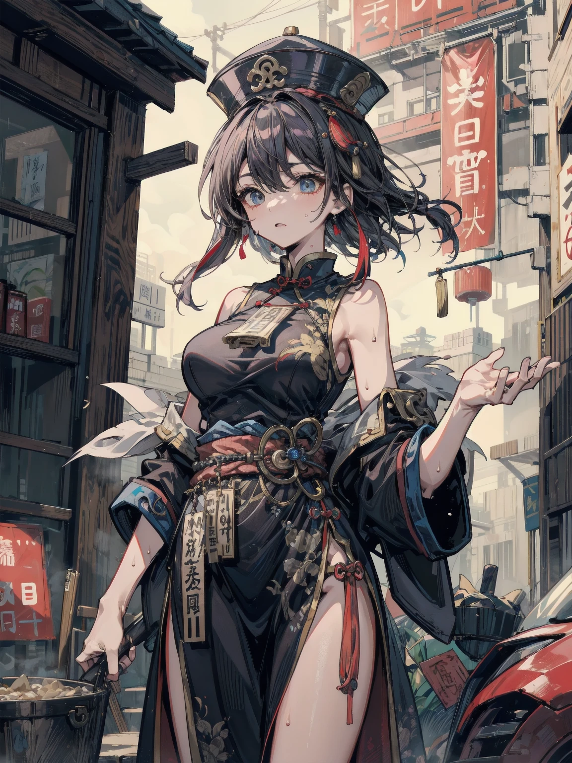 absurdres, RAW photo, extremely delicate and beautiful, masterpiece, Best Quality, ultra high resolution, 32k, hyperrealistic, ultra-detailed, perfect figure, in her 20s, very small head, very small face, delicate facial features, tearful mole, earring, huge breasts, legs, full body shot, medium hair, black hair, red-black costume, Onmyoji, nobushi, Flowing white robe, futuristic, bus station, skyscrapers,