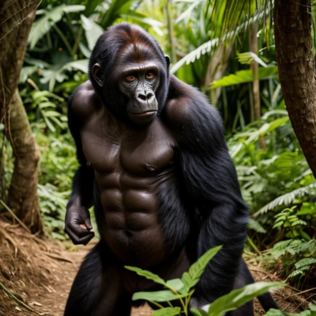 a photo of a gorilla wearing a tank top, shirtsqueeze, in a jungle, realistic, intricate, masterpiece, sharp focus, dramatic, award winning scene, soft lighting, film grain, high res <lora:shirtsqueezev2_SDXL:0.9>