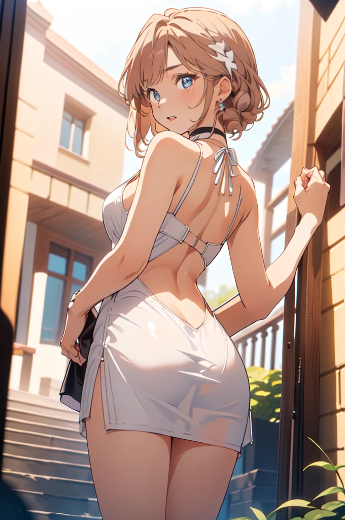 master piece,hyper quality, Hyper Detailed,perfect drawing,girl with、1 person、(((Wear only underwear)))、((Luxury underwear))、Brown and blonde mesh、A back with sharp eyes、Pose with sticking out、Look back with a smile、Beautiful background focused on women'S buttockst Beautiful Girl、Perfect Photo