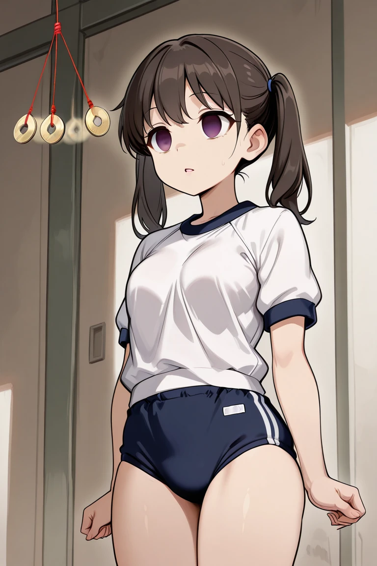 gym storeroom, shigure, ahoge, brown hair, blue eyes, braid, hair ornament, hair over shoulder, long hair, single braid, hair flaps, (masterpiece, best quality:1.2), illustration,8k,hd,long hair, single braid, Clenched fist、White panties、White gym clothes、Panty Peep, good, Wet, From below、Folded up gym clothes、Camel Toe、topless
