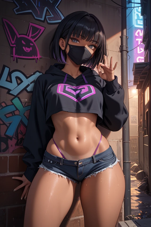 girl spacepunk,(((1girl))),((beautiful girl with bright and luminous cat ears)),
(large breasts:1.4),saggy breasts,((((black hair,black messy hair,colored inner hair,large hair,absurdly long unkempt hair:1.35,long black hair,ear breathing)))),((((cat ears,cat ears on head,big cat ears, glowing cat ears:1.5)))),(((pink eyes:1.3,upturned eyes:1.3,perfect eyes,beautiful detailed eyes,finely detailed beautiful eyes:1,symmetrical eyes:1))),((fat)),(((lustrous skin:1.5,bright skin: 1.5,skin tanned,shiny skin,very shiny skin,shiny body,plastic glitter skin,exaggerated shiny skin, illuminated skin, wet legs))),(spider lower abdomen,narrow waist,wide hip,athletic body,inflated legs,delicate detailed fingers,detailed body,human hands,(detailed face)),
cute,slutty,seductive,erotic,(nsfw),
zettai ryouiki,revealing clothing,show skin,((((underboob)))),(cleavage),(semi-naked,with little clothing,((tiny thong)),bare legs,visible thong straps),((((crop top hoodie,cropped hoodie,hoodie,hoodie intricate)))),((wet clothes,detailed outfit,detailed clothes)),
(dynamic pose:1.0),solo focus,embarrassed,(centered,scale to fit dimensions,Rule of thirds),
cyberpunk city by the ocean at night, with bright neon signs and dark stormy clouds and puddles,
High resolution, sharp focus, (ultra detailed, extremely detailed), (photorealistic artwork:1.37), 8k wallpaper,((synthwave background theme)),vibrant colors,(intricate),masterpiece,(best quality),