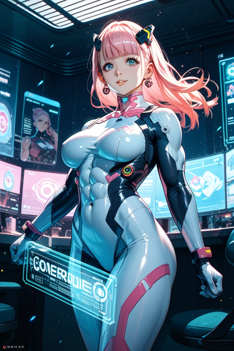 female meow superhero with pink and white mask covering face, pink energy on mask, energy flow on mask, white glowing eyes on mask, sexy physique, the superhero suit is predominantly pink, conductor de electricidad blanco en el pecho, Logotipo rosa alrededor del conductor, energy conductors on shoulders, Caderas, Nudillos, y rodilleras, pink energy regulators outlining white conductors, rayas rosadas de reguladores en antebrazos y lados, artee de Bruno Redondo, dim room, Lovely atmosphere, artee, arte, circuito, energy