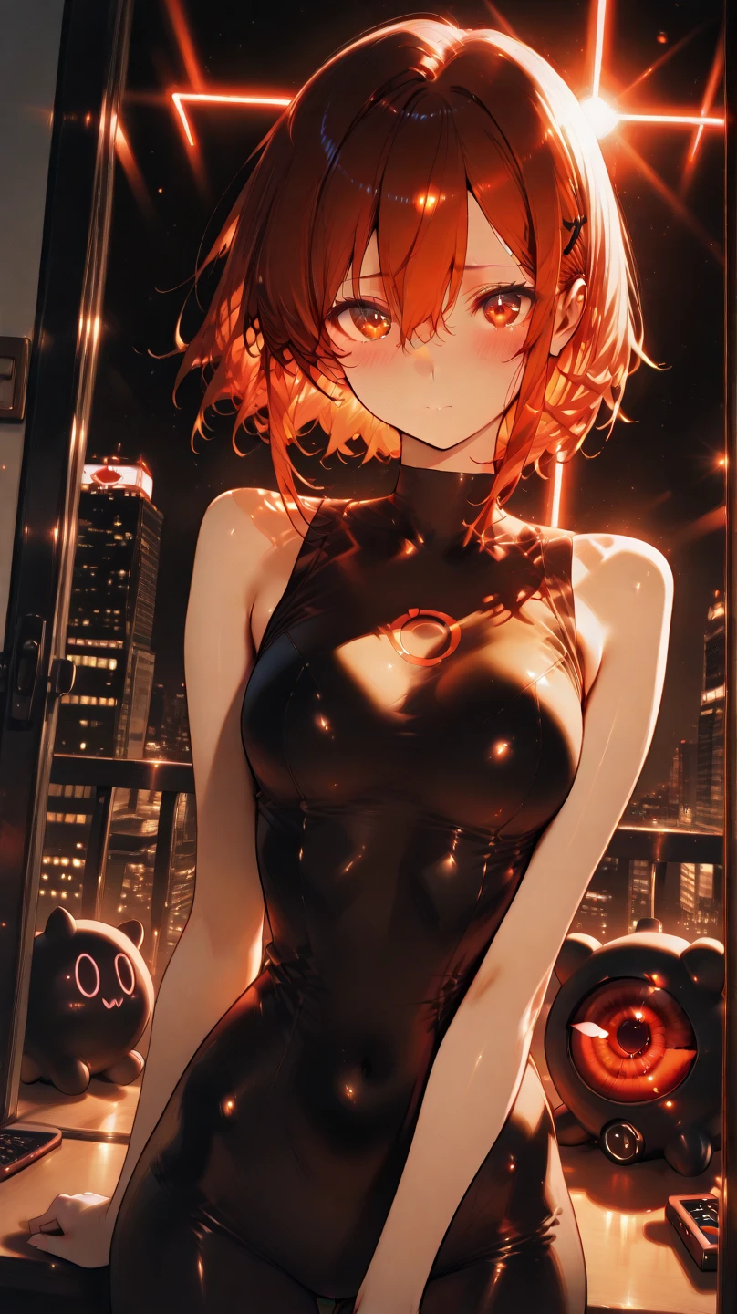 power from chainsaw wearing black evening dress, sitting on window frame, midnight, eiffel tower in background
