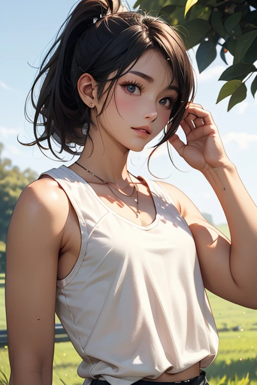 Light brown hair, small, a slender waist, Thigh thick, Symmetrical, slim, pony tails, (((Tight fitting shirts))), (((no pant))), Chopping, choker necklace, lacivious pose, squishing, underdressing, Leaning forward, parks, small路, The tree, blossoms, Distant city in the background, looking at viewert, Sultry look