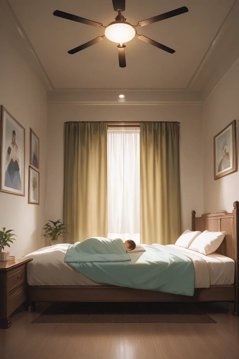 ((High definition, Masterpiece, 8k, Digital Photography, Digital Art)), ((Natural illumination)), contrast, white illumination, ((A tiny man sitted on a large bed)), ((A large pillow behind))