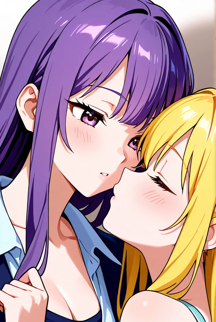 two lesbians share a kiss, tits