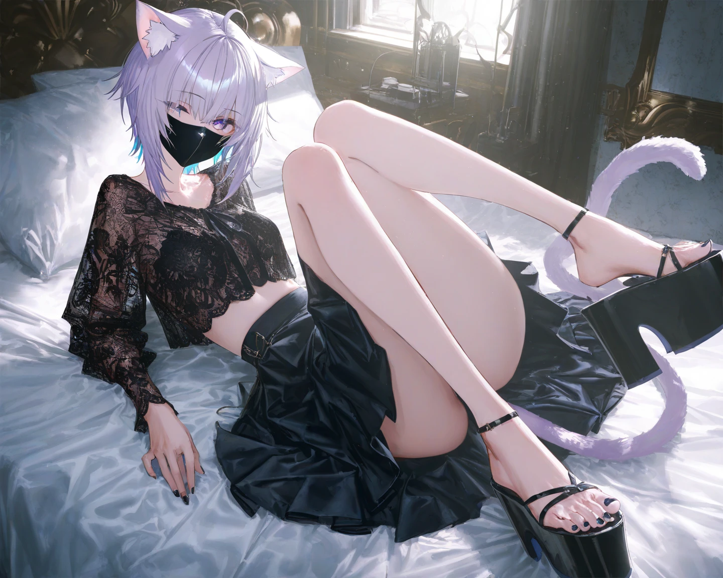there is a woman sitting on a bed with a cat, beautiful young catgirl, Attractive cat girl, cosplay, very beautiful cute catgirl, Anime cosplay, Anime girl cosplay, anime catgirl, cat woman, Cat girl, full-cosplay, Very beautiful anime cat girl, cosplay foto, professional cosplay, beautiful anime catgirl, Black cat, The chest is large，the breasts are large，Raised sexy