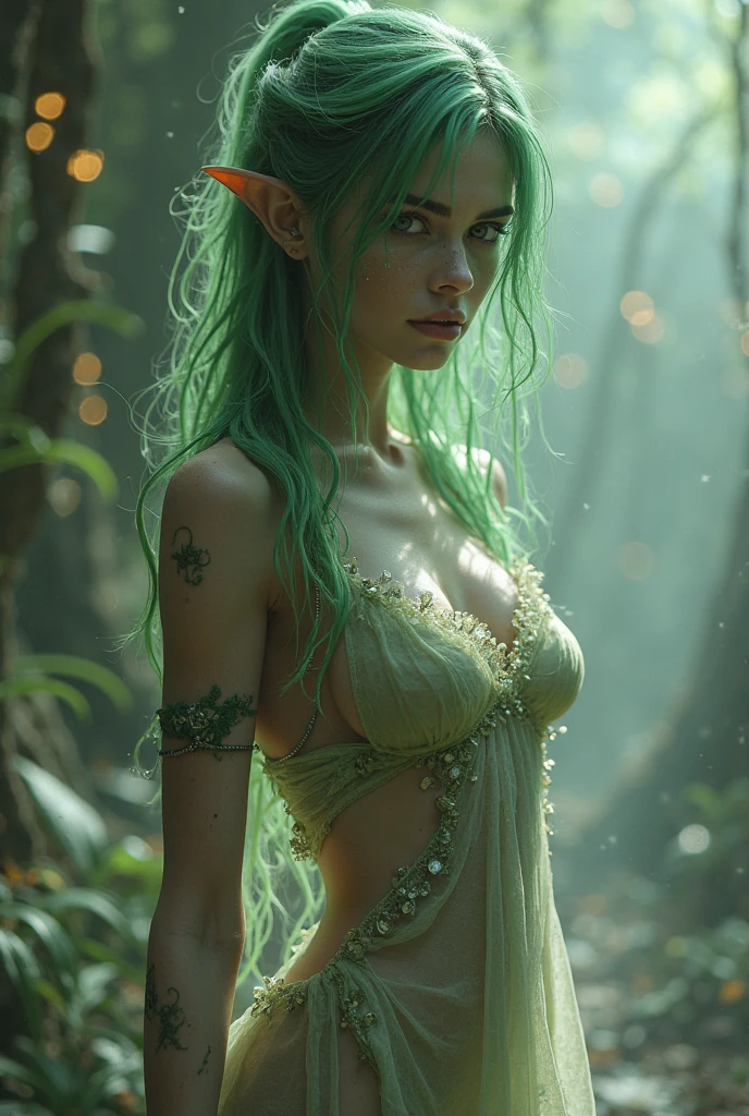 unparalleled masterpiece, ultra realistic 8k CG,masterpiece,pov,(delicate photograph,ultra_detailed,16k),(dream like,fantasy),1girl, solo,elf,in lake,wet white robe, thighlet, armlet, (sliver tattoo under navel:1.1),large breast,underboob,covered nipples,O-face, very long green hair, golden eyes,