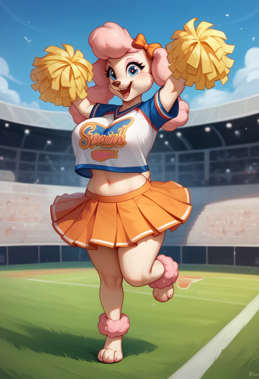 score_9, score_8_up, flat color, flat shading, cinematic lighting, detailed background, depth, shadows, 1girl, solo, lanolin the sheep, sonic (series), (white body fur:1.1), wide hips, narrow waist, medium breasts, indoors, locker room, cheerleader, tube top, skirt, elbow gloves, knee highs <lora:LanolinSDXL:0.70>  <lora:Smooth Style 2 SDXL_LoRA_Pony Diffusion V6 XL:1>
