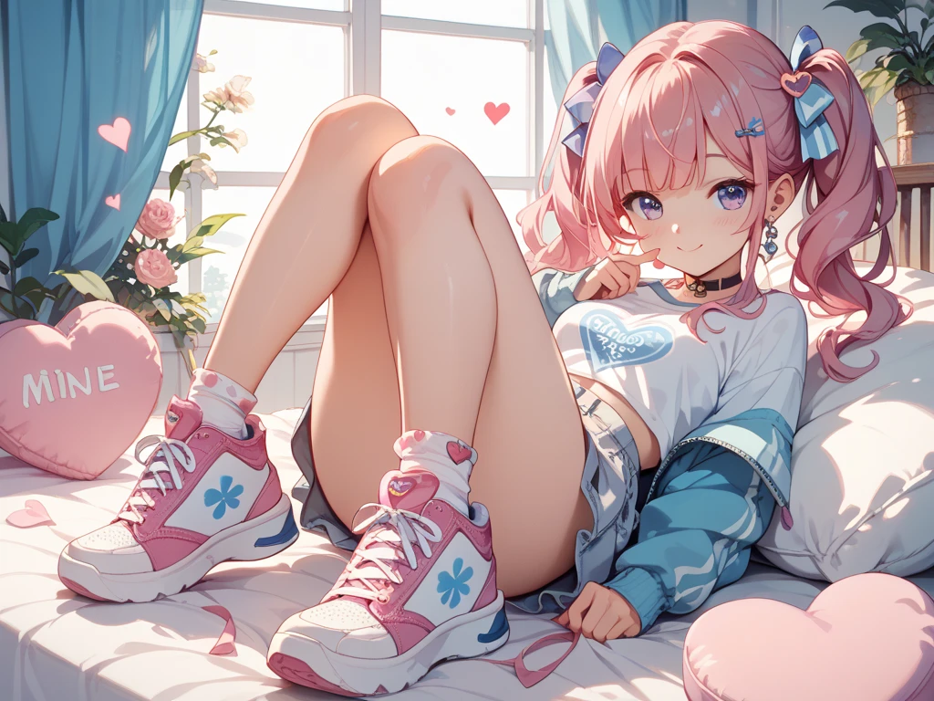 4k, twin tails ,Lens flare, pink hair ,mascara, eyeliner, god rays, 4k, 8k, best quality, masterpiece, hyper detailed, intricate detail, 1girl, solo, detailed, Detailed fuschia hair ++, detailed pink eyes ++, raytracing, perfect shadow, highres, enhanced eyes, huge breasts, horns, seductive, hyper detailed, interesting background, , detailed face, volumptuous, colourful background, Putting on Colorful Sneakers with a Grin, sneakers, perfect feet, feet, in her bedroom, cute bedroom, modern bedroom