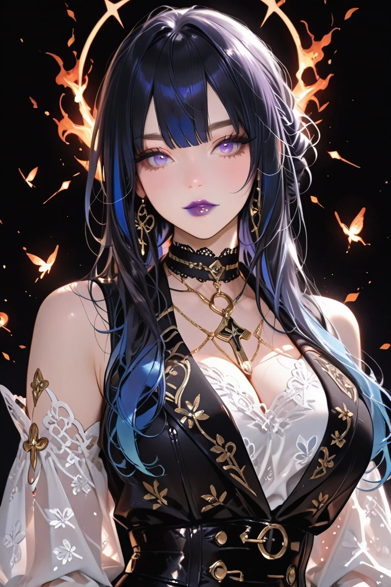 Masterpiece, very detailed, ultra detailed, one (1 woman), (face view), she is in a long black dress with red details, Her crown is made of black branches and decorated with light blue gemstone, long hair, black hair, beautiful, charming, in the eyes of a golden magic circle that rotates clockwise), elegant, she has a soft and lush body, huge breasts (big), serious face, charming, she stands against the background of magical circles.