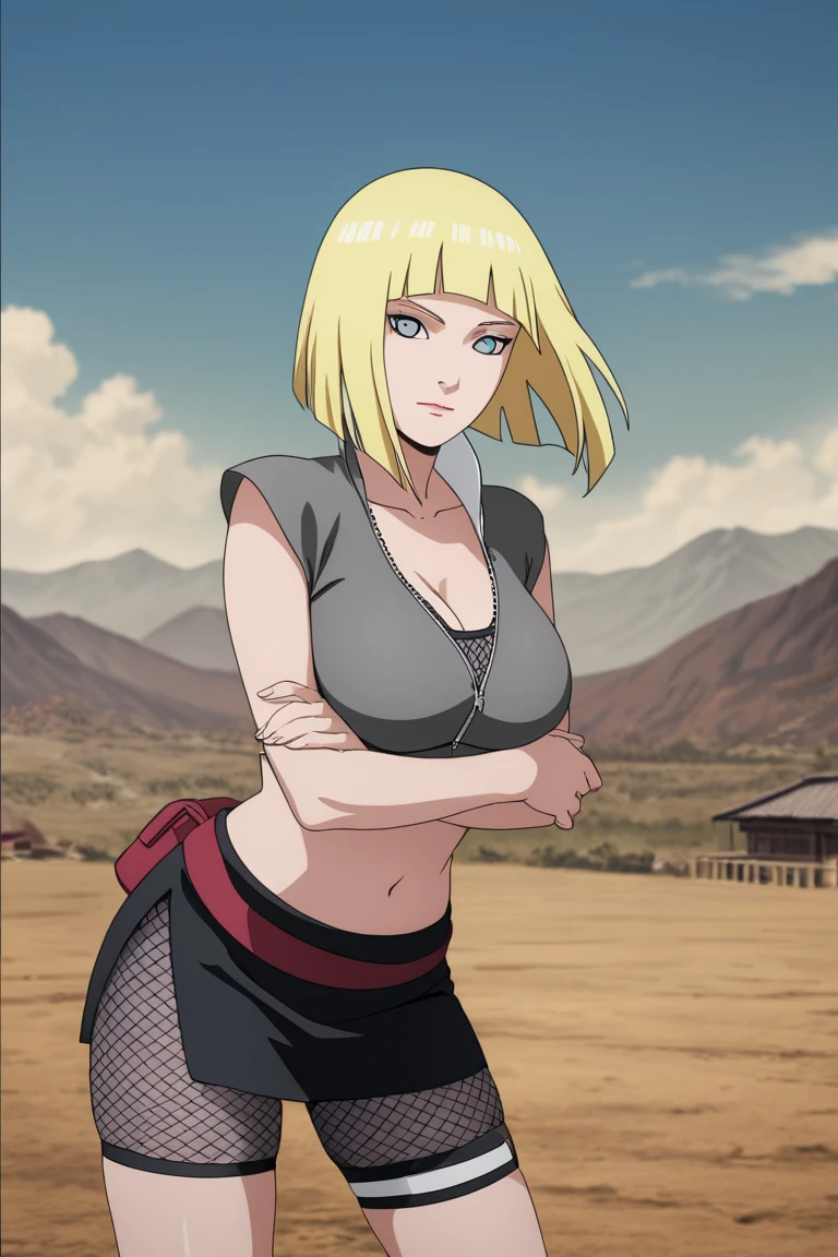 (((solo,1woman, mature, alone))), ChopioSamui, ((short hair, blonde hair, bangs, glowing blue eyes, wide eyes, lipstick, makeup, narrow waist, skinny, medium breasts)), pelvic curtain, ((pink bikini)), full body, perfect body, (insanely detailed, beautiful detailed face, masterpiece, best quality), (extremely detailed 8k paper CG wall unit: 1.1), (konohavillage, konoha gate walls, river, lake, tree, mountain, flower, at dawn, zebra cross, cloudy sky, cloud, dusk), (smile face for the viewer), cameltoe view, cameltoe, View from above, Diagonal view