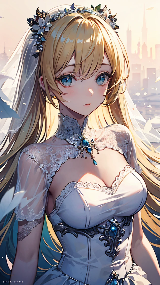 (((Adult woman))), pink eyes, (long blonde hair), white swan dress