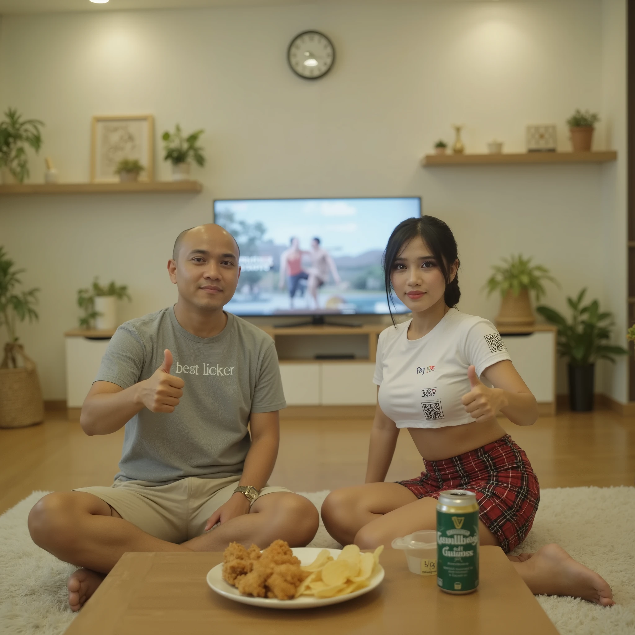 An Indonesian couple is sitting casually on a soft cream floor rug in a cozy minimalist living room. The Indonesian man, who has a slightly build—around 78 kg—with thinning hair that’s almost bald, is wearing a gray T-shirt with the words “Best Licker” and beige shorts. The toned figure woman has straight black hair tied in a ponytail with soft bangs in front, and she is wearing a white cropped T-shirt that slightly reveals her stomach, with the words “Pay Me” printed on the chest next to a visible QR code resembling a QRIS payment code. She also wears a red plaid mini skirt with black and white stripes. Both are facing the camera with subtle closed-lip smiles. The woman is giving a thumbs up. In front of them is a wooden coffee table with a plate of fried chicken, potato chips, and two cans of beer(Carlsberg and Guinness). Behind them, a medium-sized flat screen TV displays the movie “365 Days.” The background features pastel-colored walls with minimal decor, including shelves, potted plants, and a round wall clock. The room is lit with soft neutral lighting (4000–4500K), giving the space a bright and clean look.