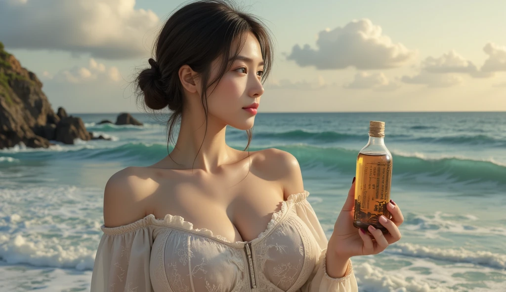 nsfw, (((topless))),,Dilraba Dilmurat, hijab, jilbab,  freckles, eyes mascara, masterpiece, best quality, photorealistic, glowing sparkly skin, soft lighting, voluptuous, windy desert, blowing swirling sand grains, sunny backlighting, bloom, light sparkles, sharp focus, colorful liquid gel rain, fashion designer, resplendent tiny pearls necklace, baroque