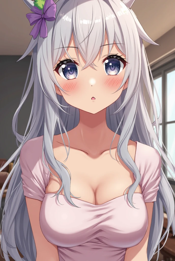 One girl, Blushing, Open your mouth, Gray Hair, Long Hair, Large Breasts, blue eyes, Sticking out tongue, saliva, Drooling, Simple Background, ribbon, Background blur, anime,